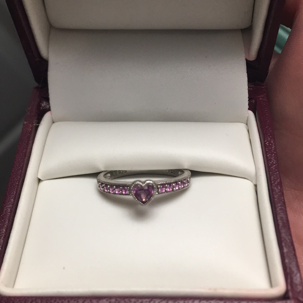 silver created pink sapphire stackable ring.